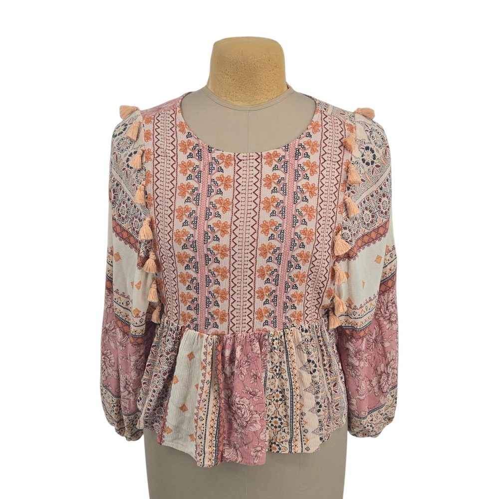 American Eagle Peplum Top Women S Boho Tassel Floral Cottagecore Hippie Prairie